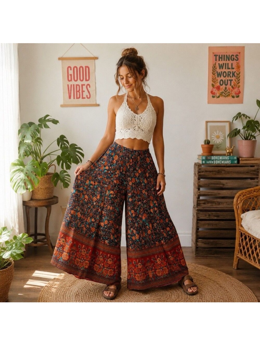 Natural Life Patti Wide Leg Palazzo Pants Size Small Orange Turquoise